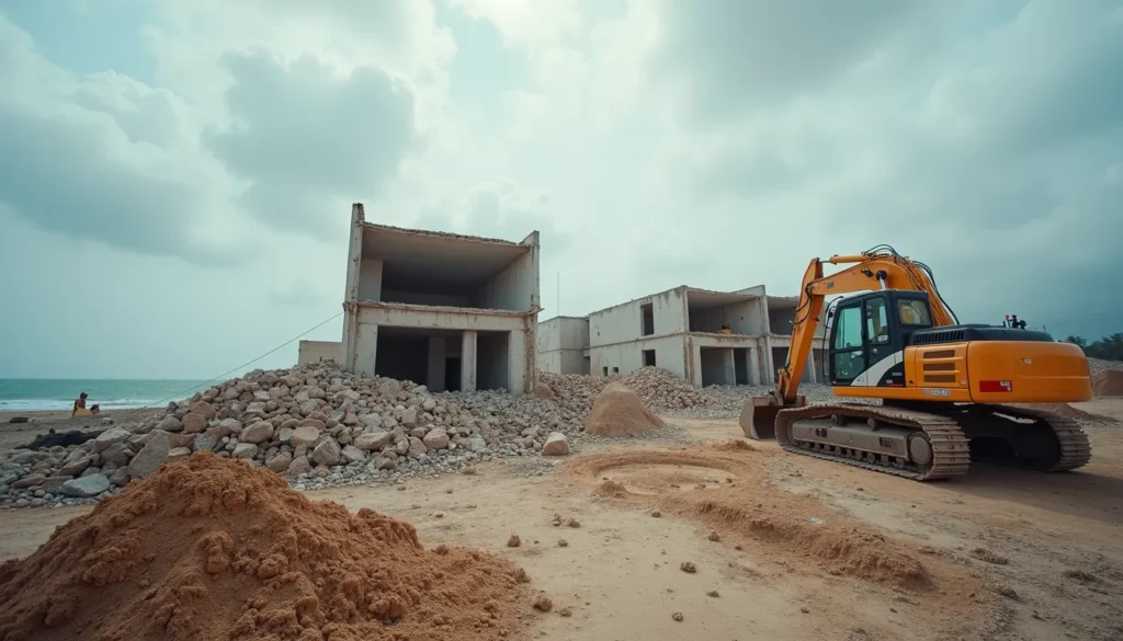 Wide angle view of a coastal construction site demonstrating rebuilding efforts after recent demolitions