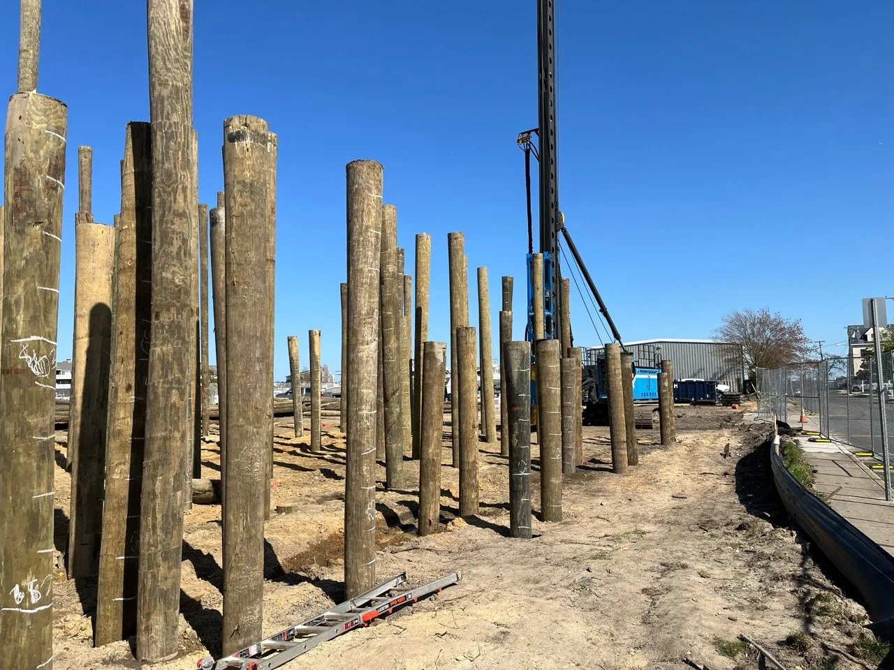 Construction site with wooden piles installed in a row, under clear blue skies.