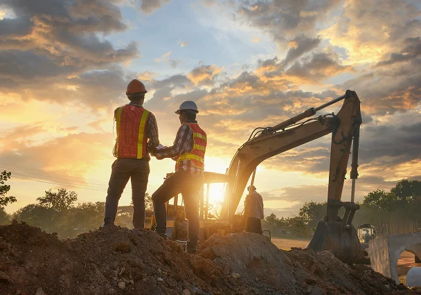 Two construction workers in hard hats stand on a dirt mound, overlooking an excavator at sunset.