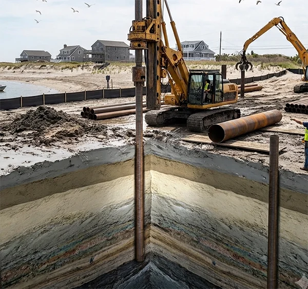 Yellow foundation drilling rig operating on a coastal construction site, featuring a cross-sectional diagram illustrating deep vertical shafts drilled through distinct soil and sediment layers.