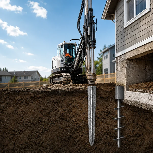 Low-vibration foundation repair using a drilling rig to install a drilled micropile and helical pile beside a residential home's foundation with an underground cross-section view.