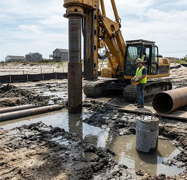 A yellow rotary drilling rig installs a thick steel casing into a flooded, muddy coastal construction site to prevent borehole collapse in a high water table area. A construction worker in a high-visibility vest and hard hat operates a remote control nearby, with beach houses visible along the horizon under a cloudy sky.