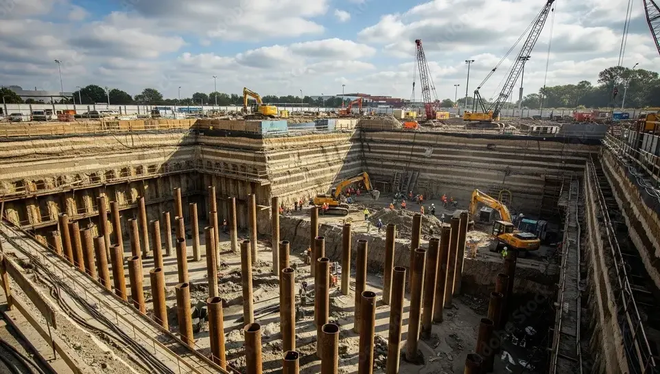 A wide-angle, high-angle view of a large, deep excavation pit at a massive construction site. Numerous thick, brown steel pipe piles stand vertically in rows across the dirt floor. Multiple yellow excavators, cranes, and construction workers are visible actively working within the pit and along the tiered, reinforced earth walls under a partly cloudy sky.