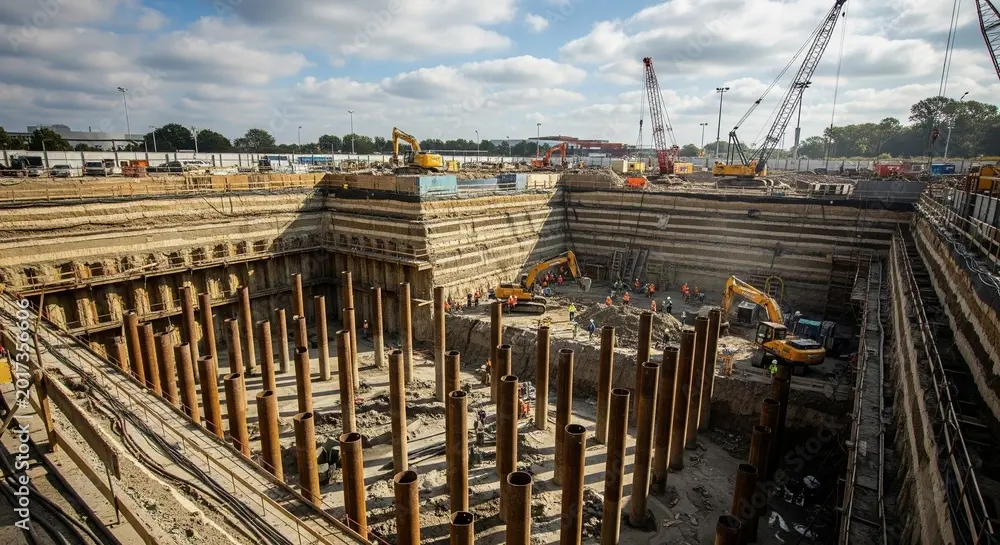 A wide-angle, high-angle view of a large, deep excavation pit at a massive construction site. Numerous thick, brown steel pipe piles stand vertically in rows across the dirt floor. Multiple yellow excavators, cranes, and construction workers are visible actively working within the pit and along the tiered, reinforced earth walls under a partly cloudy sky.