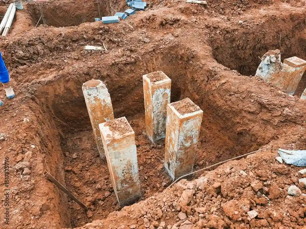 A close-up, perspective shot looking directly into a large stack of cylindrical rebar cages. The view creates a tunnel-like effect through the concentric steel rings and longitudinal reinforcing bars, which are bound together for concrete reinforcement.